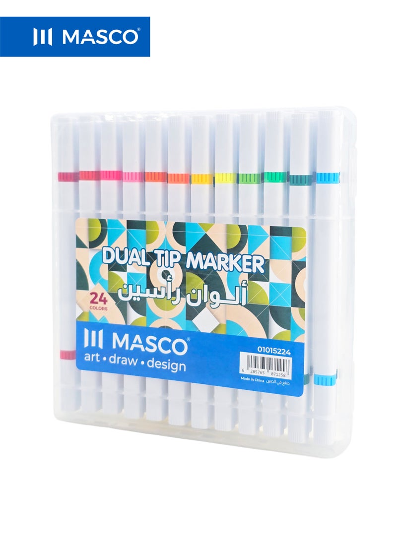 ماسكو طقم أقلام ماركر مزدوجة الرأس، 24 لونًا، رأس فرشاة ورأس دقيق، حبر عالي الجودة سريع الجفاف للرسم والخط - Image 1